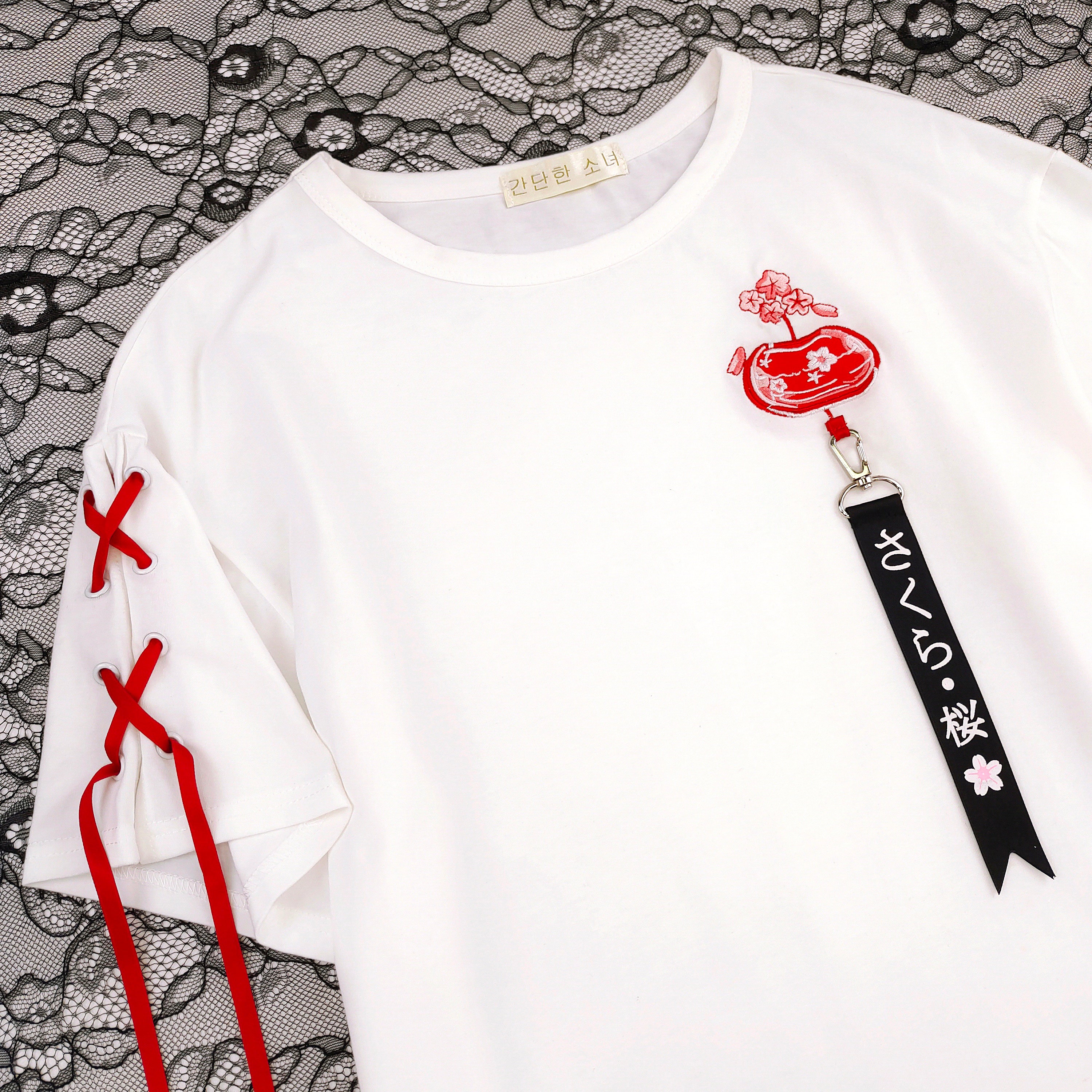 Kawaii Japanese Sakura Ribbon T-Shirt Harajuku Red Lace Sleeve Cotton Tee